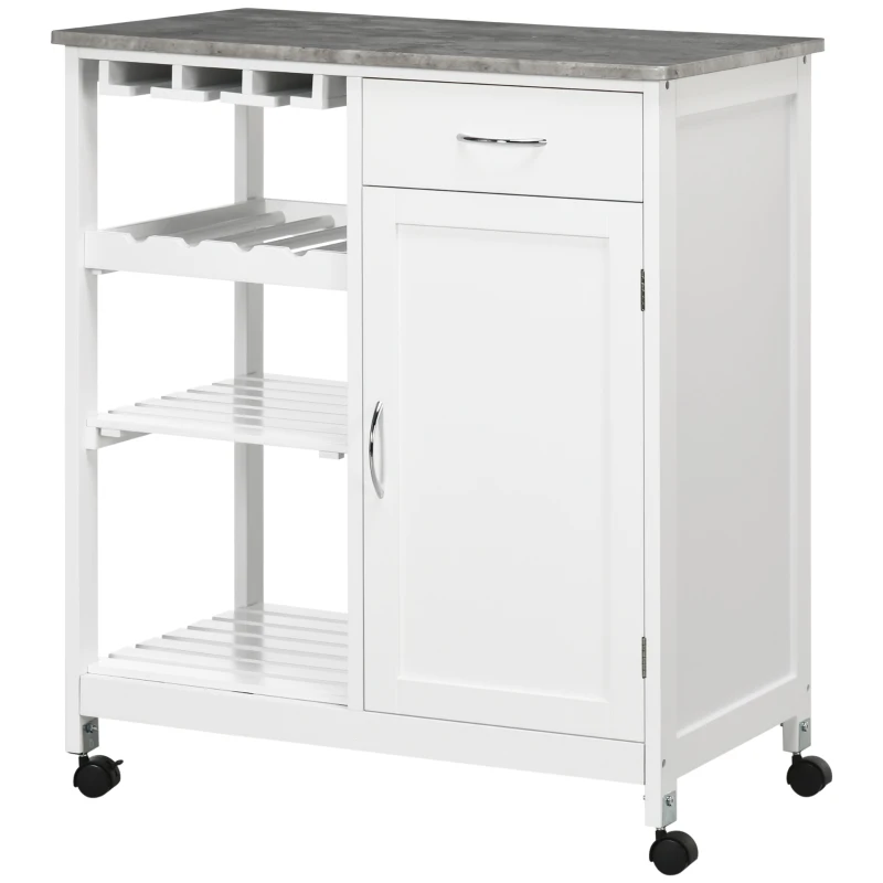 HOMCOM Carrinho de Cozinha com Rodas 1 Gaveta Prateleiras Suporte para 4 Garrafas e Armário Carga 40kg 76x48x88cm Branco e Cinza