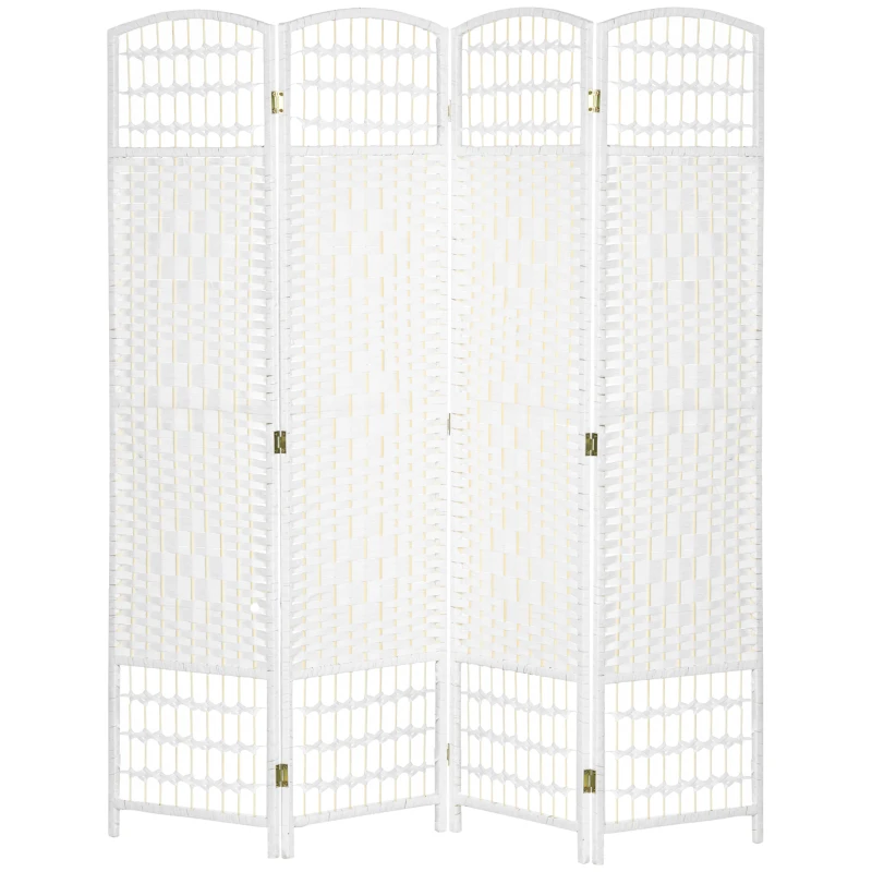 HOMCOM Biombo de 4 Painéis Dobrável Separador de Ambientes de Corda de Papel e Estrutura de Madeira 60x170 cm Branco