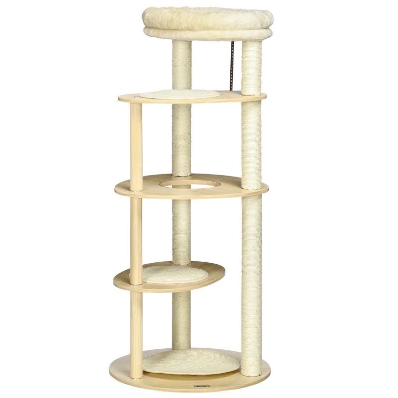 PawHut Árvore Arranhador para Gatos de Madeira com Múltiplas Plataformas Cama e Almofada Ø54x123,5 cm Carvalho