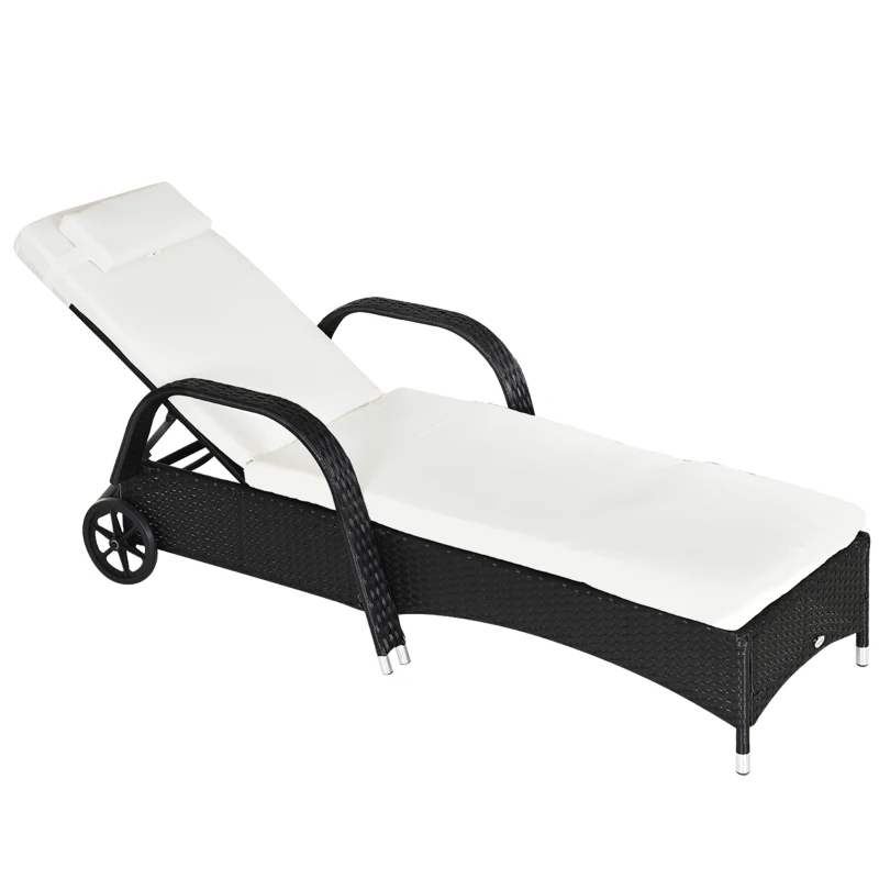 Outsunny Espreguiçadeira de Vime Jardim Espreguiçadeira com Encosto Ajustável em 5 Posições Almofadas Acolchoadas Apoio para a Cabeça e 2 Rodas 200x73x56-103cm Preto e Bege
