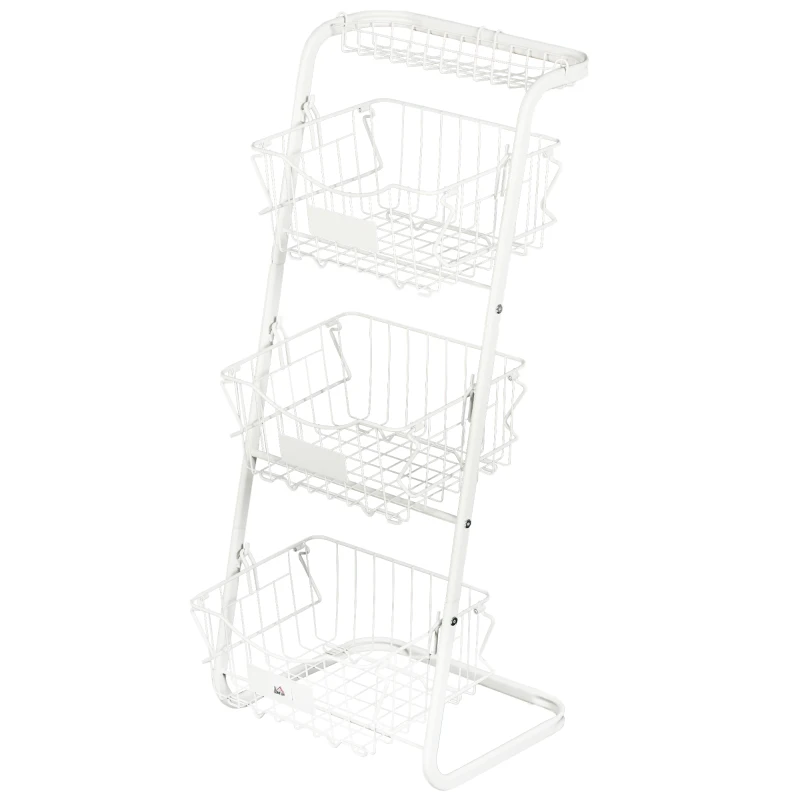 HOMCOM Fruteira Cesto para Frutas e Verduras de 3 Níveis com Cestos Amovíveis e Empilháveis de Aço 42,5x36,5x91cm Branco