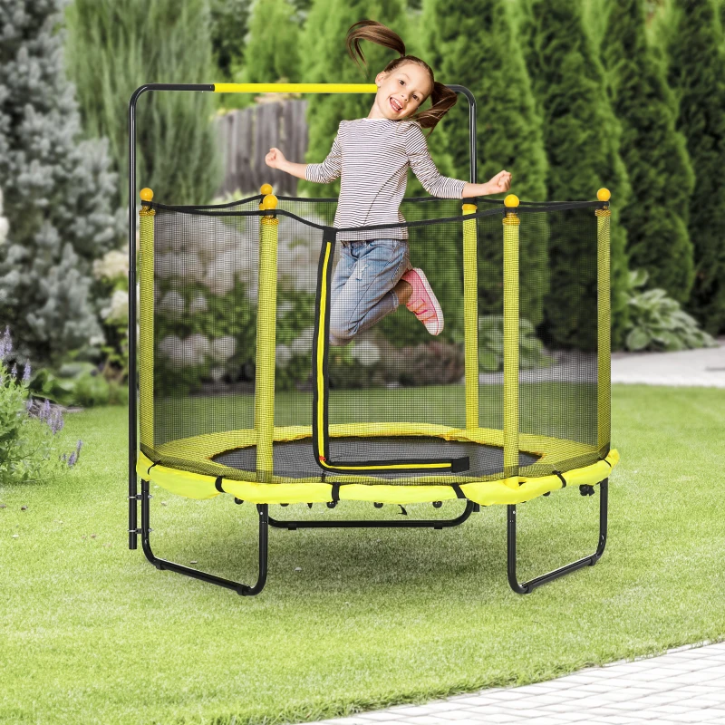 ZONEKIZ Trampolim Infantil com Rede de Segurança Barra Ajustável para Interior e Exterior Ø140x120-140 cm Amarelo