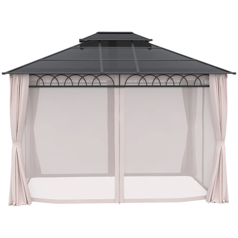 Outsunny Pérgola de Jardim 3,6x3m com Teto Duplo de Policarbonato 4 Cortinas Laterais Mosquiteiras com Zíper Preto Cinza e Cáqui