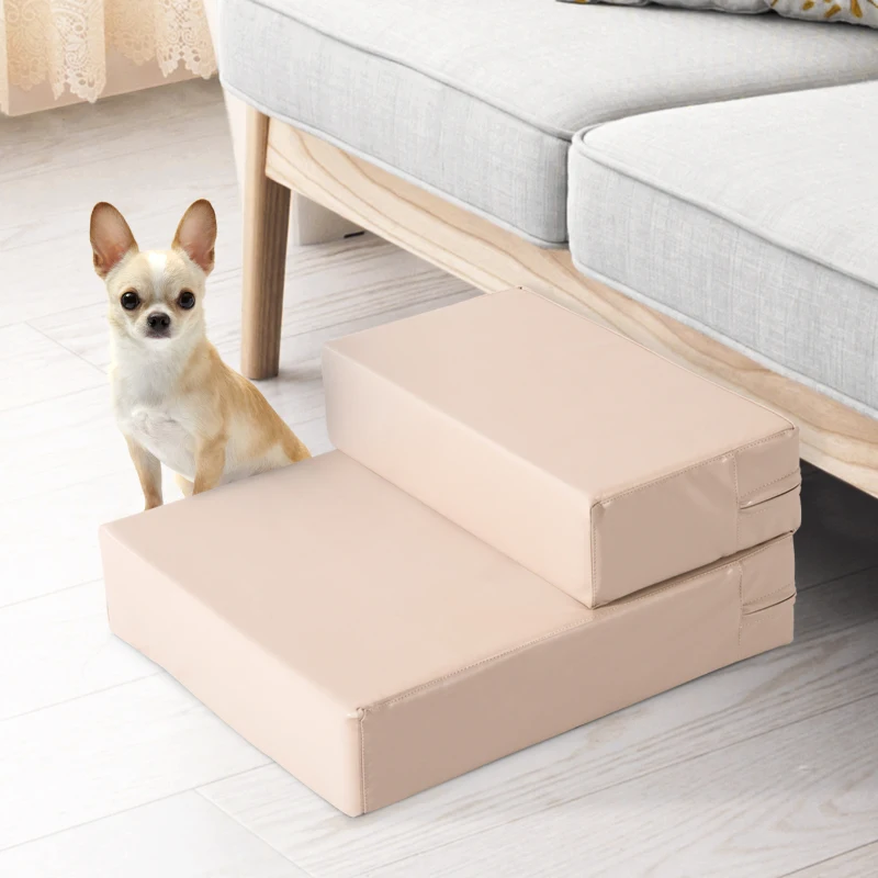 PawHut Escada para Animais de Estimação de 2 Degraus 2 em 1 Cama para Cães Gatos Estofada em PU Removível e Lavável com Zíper 45x39x20cm Bege