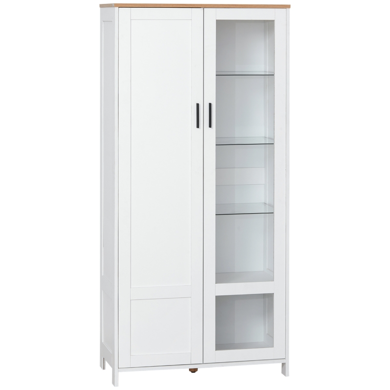 HOMCOM Armário de Cozinha com Porta de Vidro Prateleiras Ajustáveis e Pés Elevados 76x36x160 cm Branco