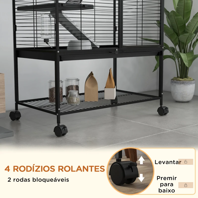 PawHut Gaiola para Animais Pequenos de 4 Níveis com Rodas Rampa Comedouro Bebedouro e Bandeja Removível 78x45,5x136 cm Preto