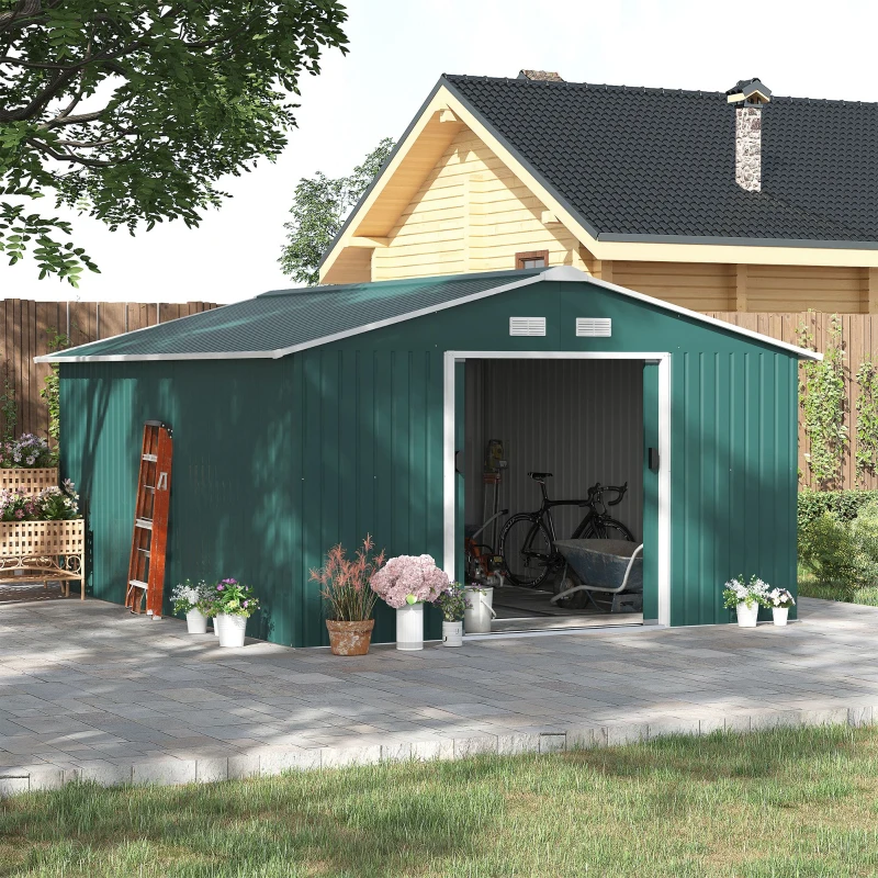 Outsunny Garden Shed Storage 12ft x 11ft Large Steel Metal Storage Shed Sliding doors Green