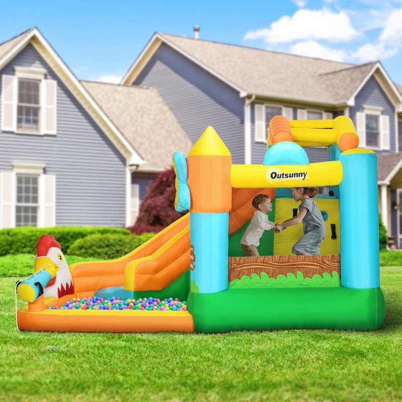 Outsunny Castel Gonflabil 5‑in‑1 Copii – Ferma cu Tobogan & Piscina