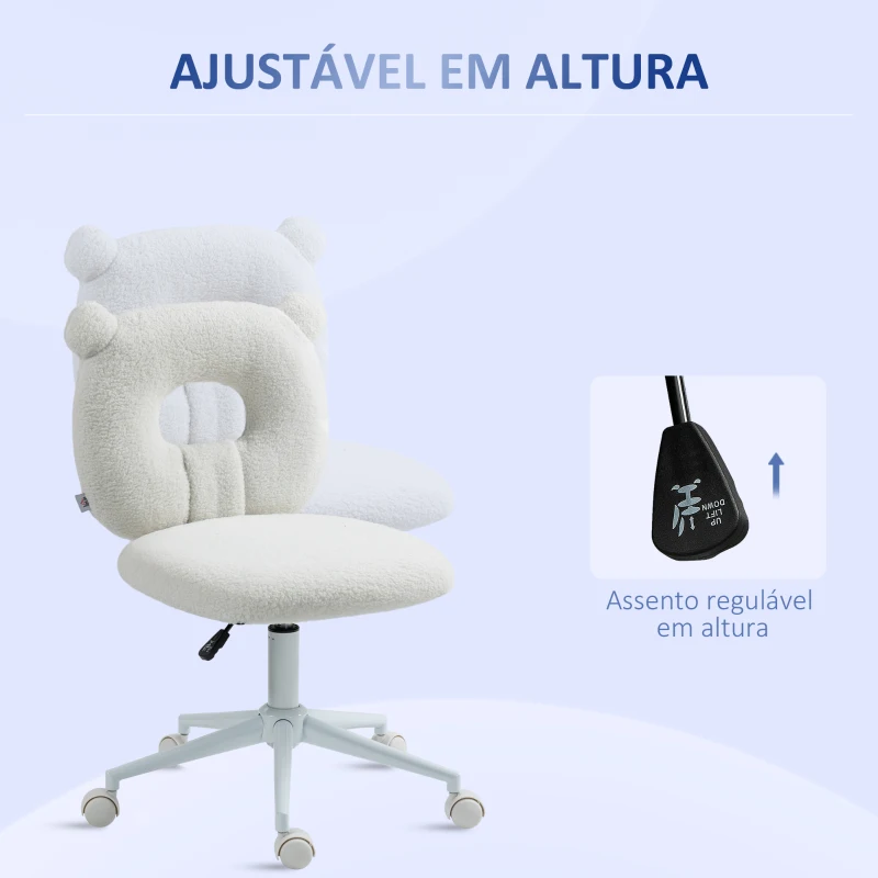 HOMCOM Cadeira de Secretária Tecido em Borrego Cadeira Infantil Giratória com Encosto em Forma de Urso 50x56x80-90 cm Branco