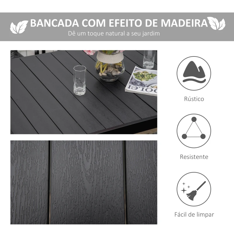Outsunny Mesa de Jardim Retangular Mesa de Exterior para 6 Pessoas com Bancada de Ripas e Estrutura de Alumínio para Terraço Balcão 140x90x74cm Preto