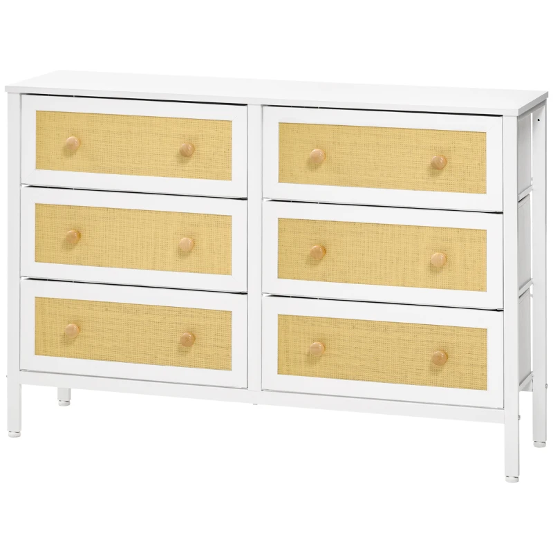HOMCOM Cómoda Moderna com 6 Gavetas de Tecido Dobráveis  com Superfície de Vime PE e Estrutura de Aço 120x30x83 cm Branco