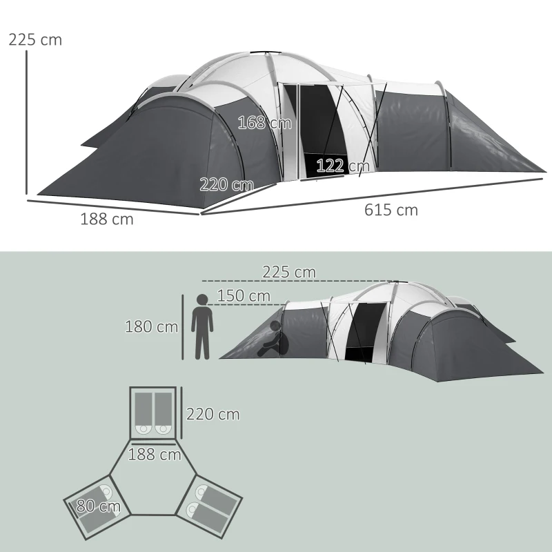Outsunny Kampeertent voor 6-9 personen, 4 kamers, voortent, waterdicht, 615x 615x225cm, Grijs
