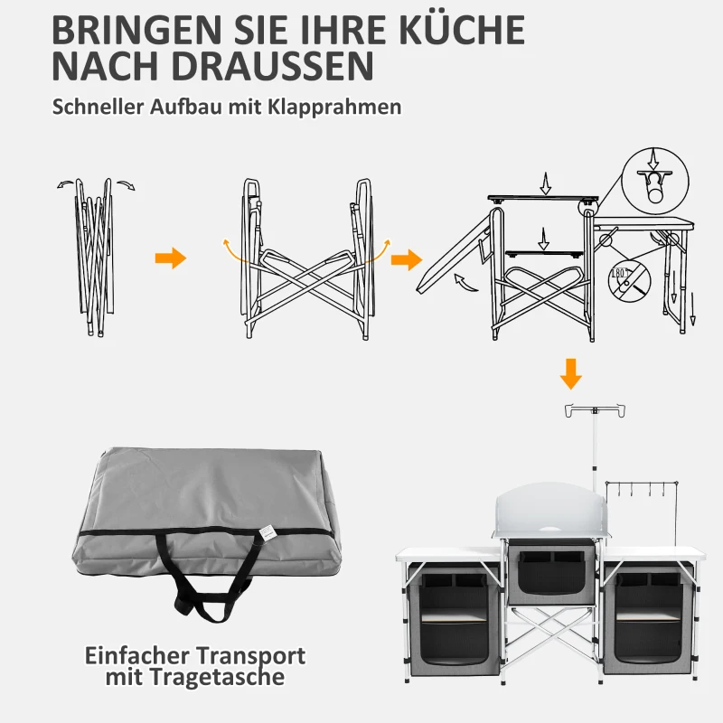 Outsunny Campingkeuken, inklapbaar, Windscherm, 3 Stoffen opbergvakken, Aluminiumframe, 172x48x119cm, Grijs/Zilver