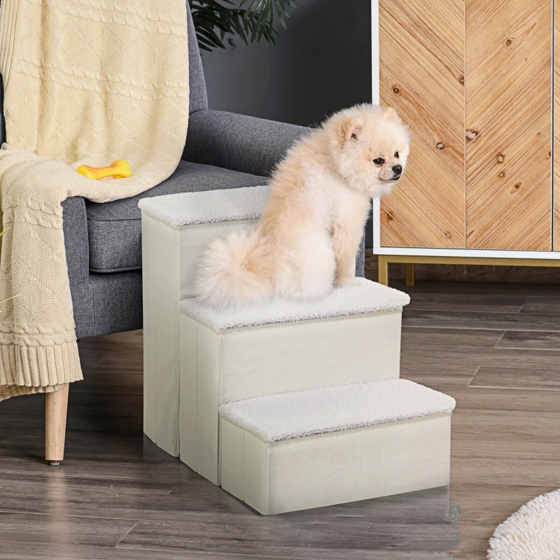 PawHut Escada para Animais de Estimação de 3 Degraus Dobrável com Tampa e Espaço de Armazenamento Escada para Cães Gatos Pequenos para Cama Sofá 40x54x48cm Branco