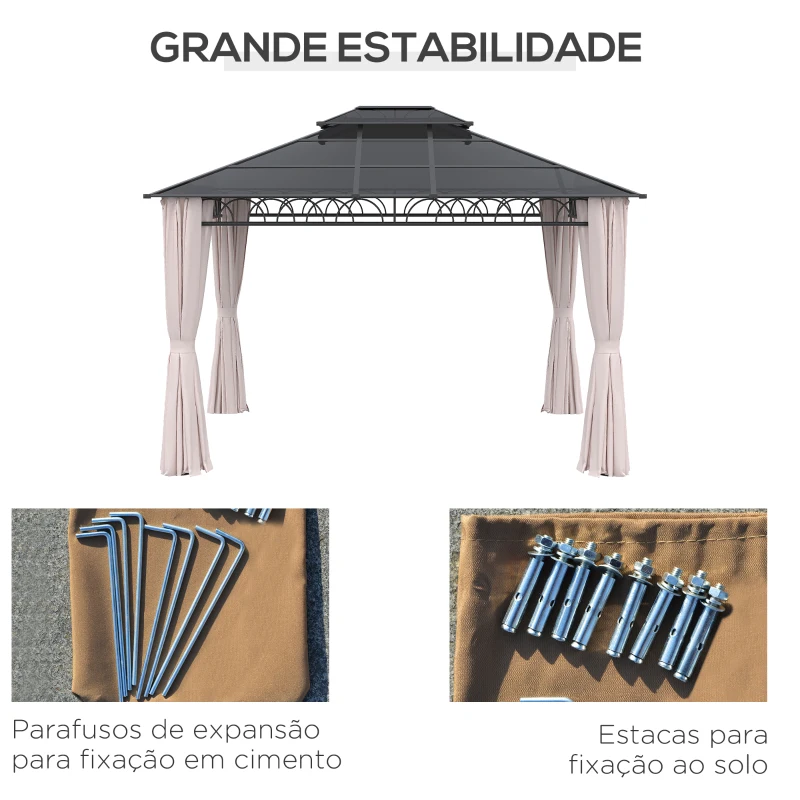 Outsunny Pérgola de Jardim 3,6x3m com Teto Duplo de Policarbonato 4 Cortinas Laterais Mosquiteiras com Zíper Preto Cinza e Cáqui