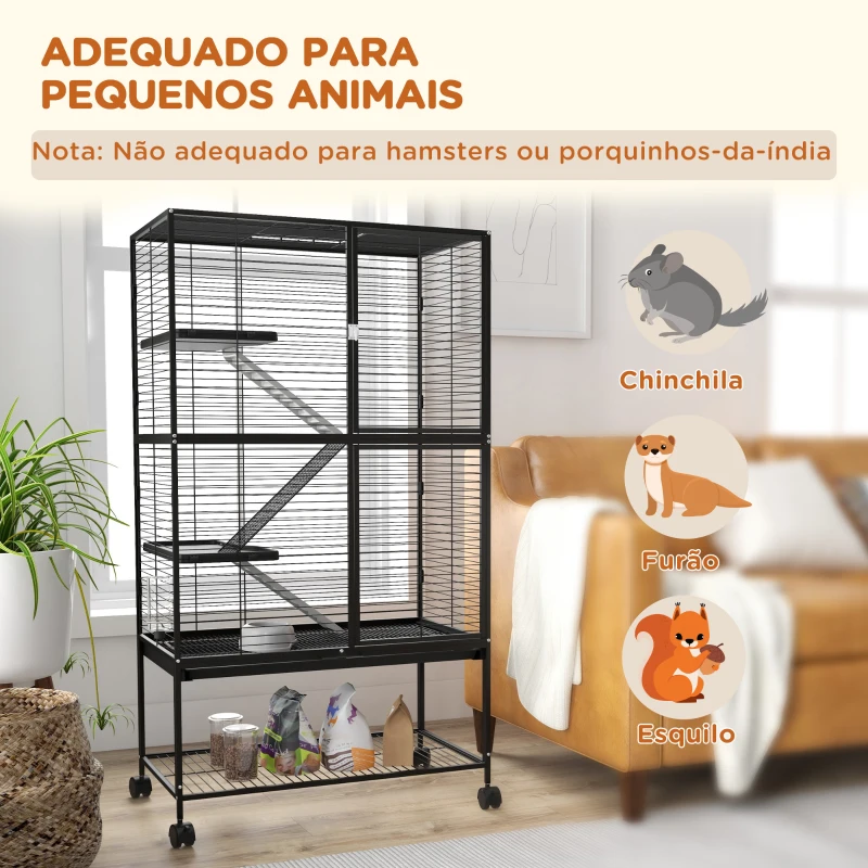 PawHut Gaiola para Animais Pequenos de 4 Níveis com Rodas Rampa Comedouro Bebedouro e Bandeja Removível 78x45,5x136 cm Preto