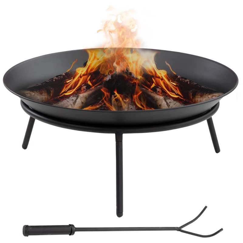 Outsunny Braseiro de Exterior Braseiro de Metal com Atiçador para Varanda Campismo Ar Livre Ø47x21 cm Preto