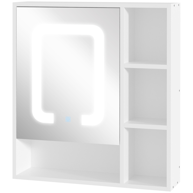kleankin Armário com Espelho de Casa de Banho com Luz LED Porta 4 Prateleiras Abertas e Interruptor Tátil 60x15x65cm Branco