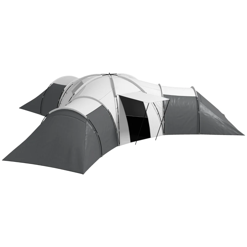 Outsunny Kampeertent voor 6-9 personen, 4 kamers, voortent, waterdicht, 615x 615x225cm, Grijs