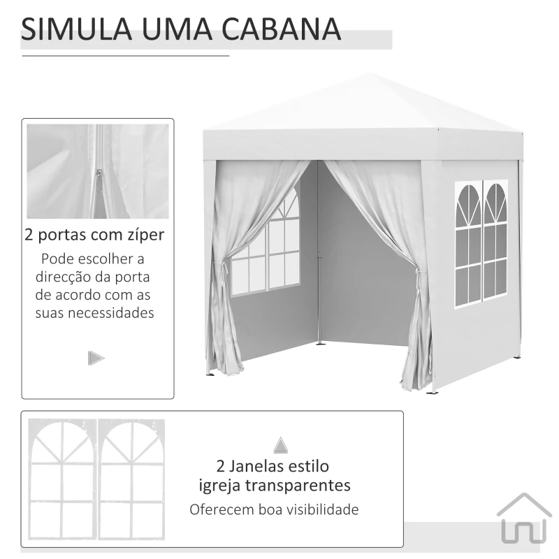 Outsunny Tenda Dobrável 2x2 Tenda de Jardim com 4 Paredes Laterais Tecido Oxford 2 Portas 2 Janelas e Bolsa de Transporte para Exterior Terraço Campismo Festas Branco