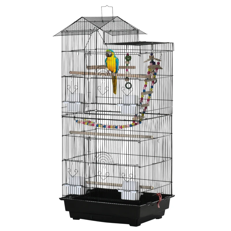 PawHut Gaiola para Passáros Gaiola de Metal com Múltiplas Portas 4 Comedouros 3 Poleiros Baloiço Escadas e Bandeja Removível para Periquitos Canários 46x36x100cm Preto