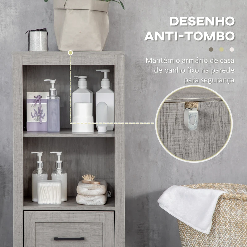 kleankin Armário Auxiliar Casa de Banho com 1 Gaveta e 2 Estantes Abertas Móvel Auxiliar de Casa de Banho 40x30x89cm Cinza