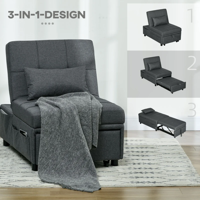 HOMCOM Ligstoel Slaapstoel 3-in-1 Stoel, linnenlook, inclusief kussen, 65,5 cm x 104 cm x 81 cm, Donkergrijs(m-6)