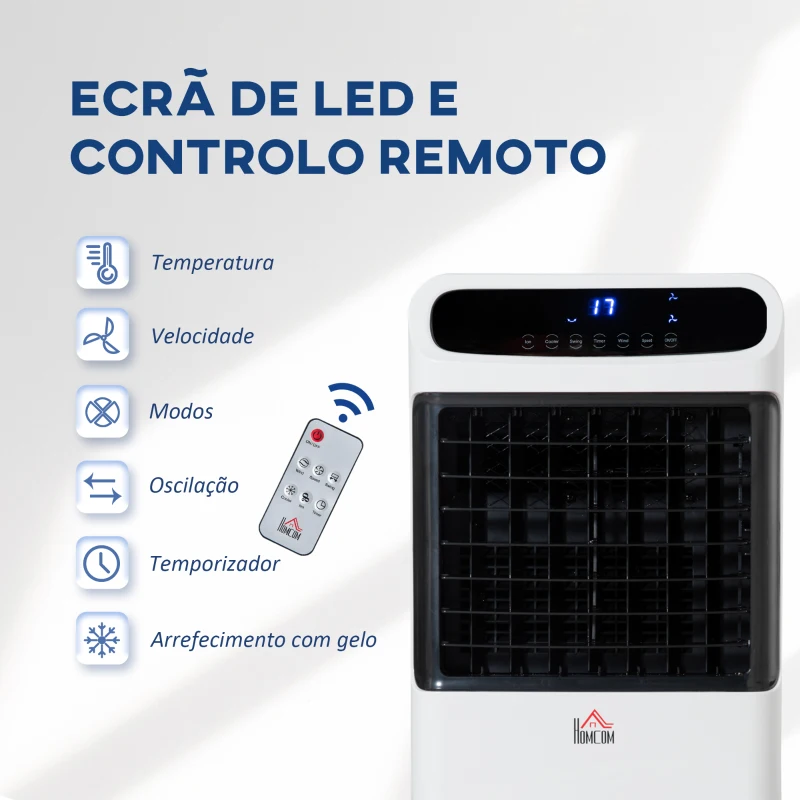 HOMCOM Climatizador Humidificador Refrigerador de Ar com Rodas Depósito de 12L Controlo Remoto 3 Modos de Velocidade Temporizador 12h e Ecrã LED Tátil 38x35x81cm Branco