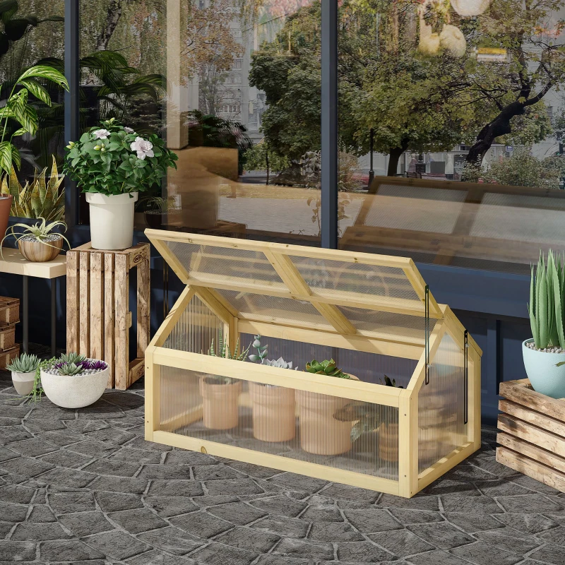 Outsunny Estufa de Madeira com Painéis de Policarbonato Estufa de Jardim com 4 Janelas Abatíveis para Cultivo de Plantas Terraço Exterior 90x48x49,5cm Transparente