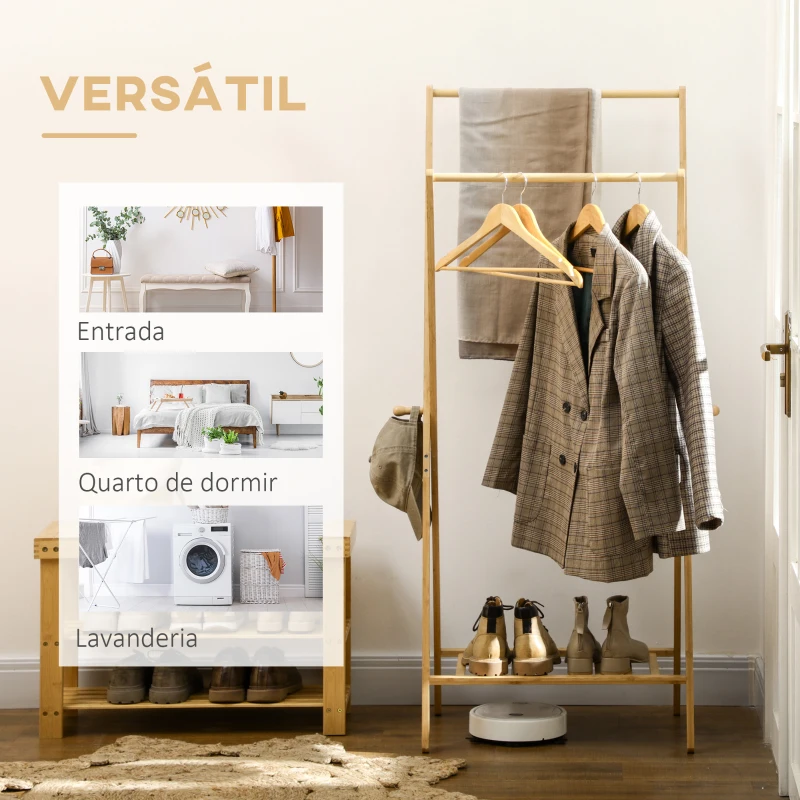 HOMCOM Suporte para Cabides de Bambu com Prateleira para Sapatos 2 Barras e 2 Ganchos 74x42x150 cm Madeira