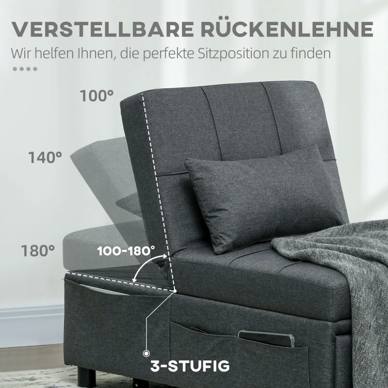 HOMCOM Ligstoel Slaapstoel 3-in-1 Stoel, linnenlook, inclusief kussen, 65,5 cm x 104 cm x 81 cm, Donkergrijs(m-5)
