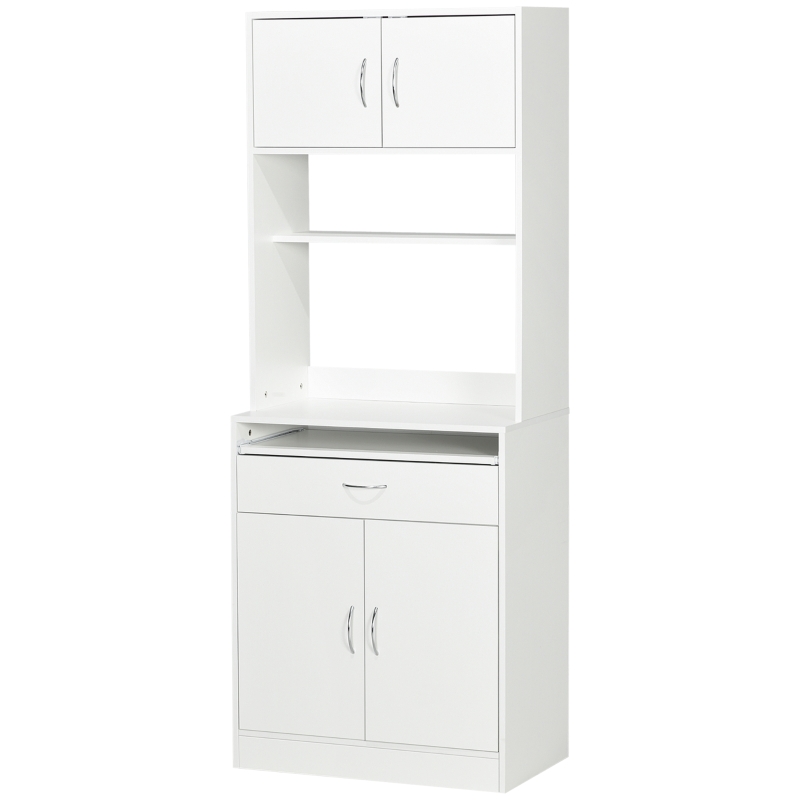 HOMCOM Armário de Cozinha com 4 Portas Bandeja Amovível Prateleira Ajustável Gaveta e Bancada para Micro-Ondas 70x40x180 cm Branco