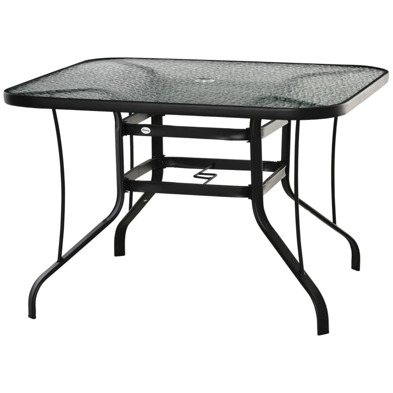Outsunny Mesa de Cristal de Jardim com Orifício para Chapéu de Sol Mesa Quadrada de Exterior Terraço Varanda com Estrutura de Aço 106,5x106,5x71cm Transparente e Preto