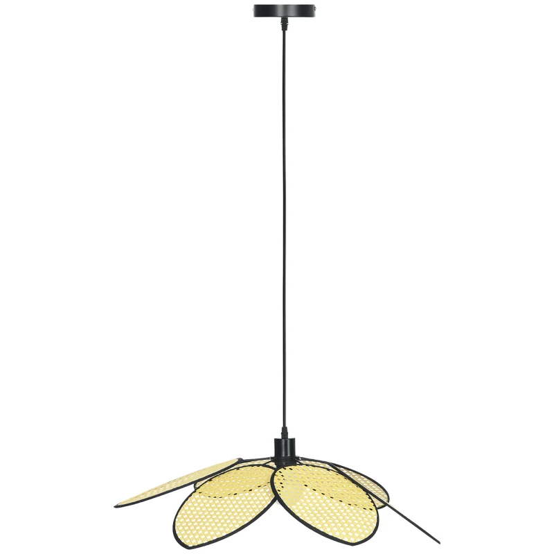 HOMCOM Candeeiro de Teto com Forma de Flor Candeeiro de Teto de Vime Sintético com Cabo Ajustável Ø68x115 cm Madeira