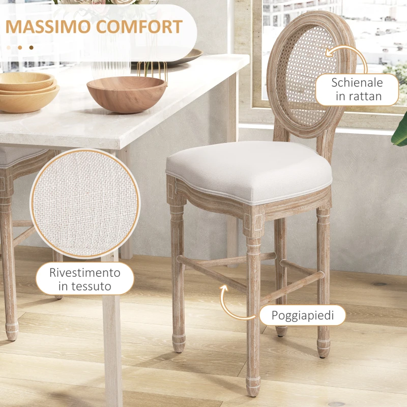 HOMCOM Set 2 Sgabelli da Bar con Schienale, Cuscini e Poggiapiedi, in Legno e Poliestere, 48x56x118 cm, Crema