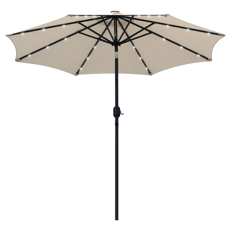 Outsunny Chapéu de Sol de Jardim Ø270x240cm com 24 Luzes LED Solar Mecanismo de Inclinação Manivela e Mastro Desmontável de Metal para Terraço Piscina Pátio Creme