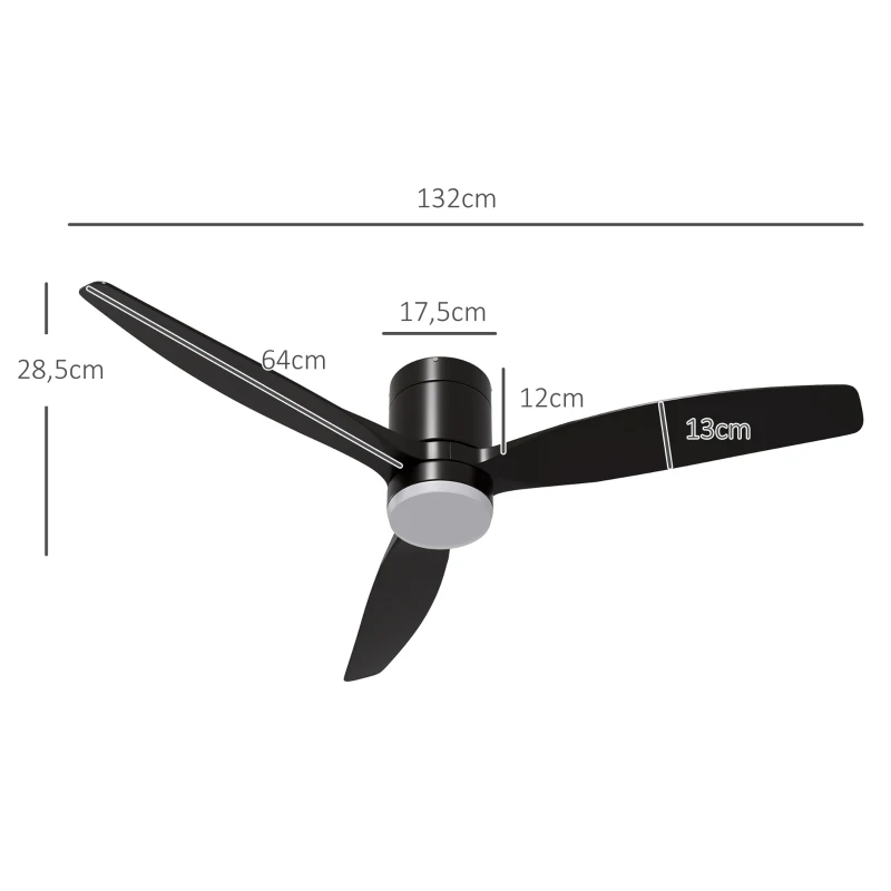 HOMCOM Ventoinha de Teto com Luz 46W Ø132 cm com 3 Lâminas Reversíveis Controlo Remoto 6 Velocidades e Temporizador Preto
