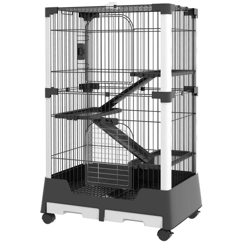 PawHut Gaiola para Animais Pequenos com Rodas 3 Plataformas 3 Rampas Bandejas Amovíveis 114x75x50 cm Preto