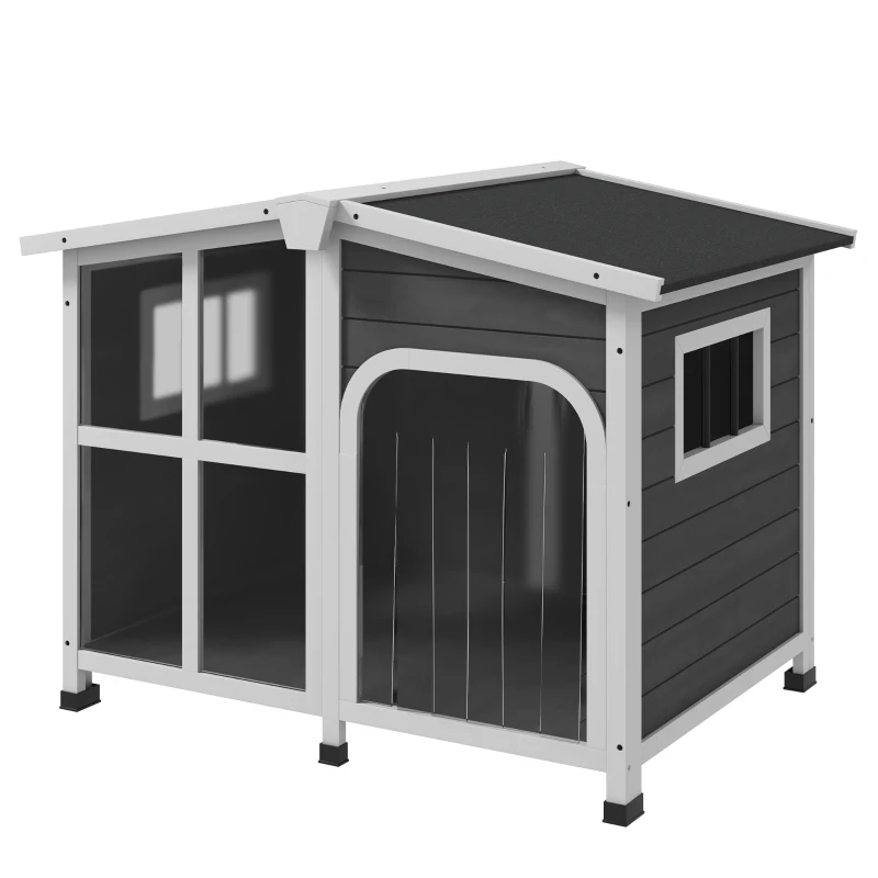 PawHut Casa para Cães de Madeira com Teto Abatível Porta com Cortina e Fundo Amovível 101x66,5x70,5cm Cinza Escuro
