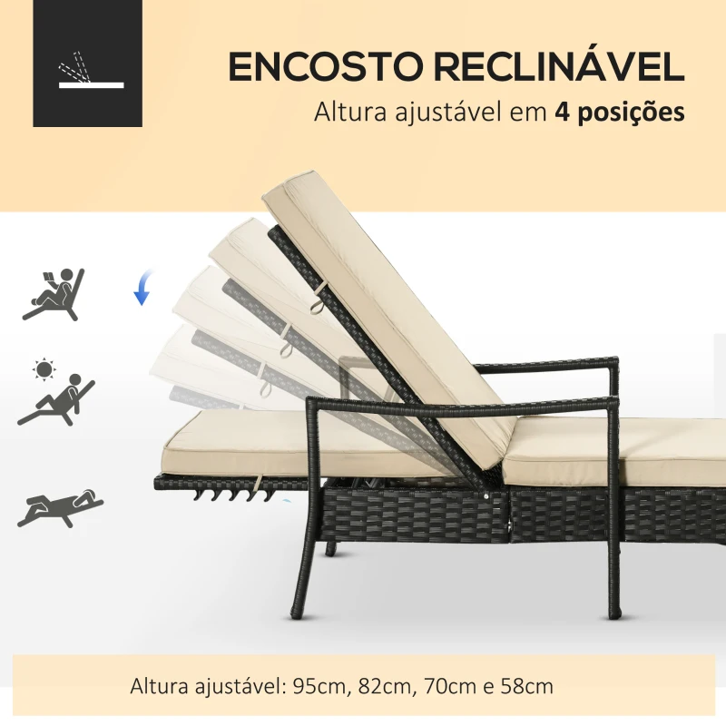 Outsunny Espreguiçadeira de Vime de Jardim Espreguiçadeira com Encosto Ajustável em 4 Posições Almofadas Acolchoadas e Capa Removível para Terraço Pátio Exterior 192x62,5x58-95cm Marrom e Bege