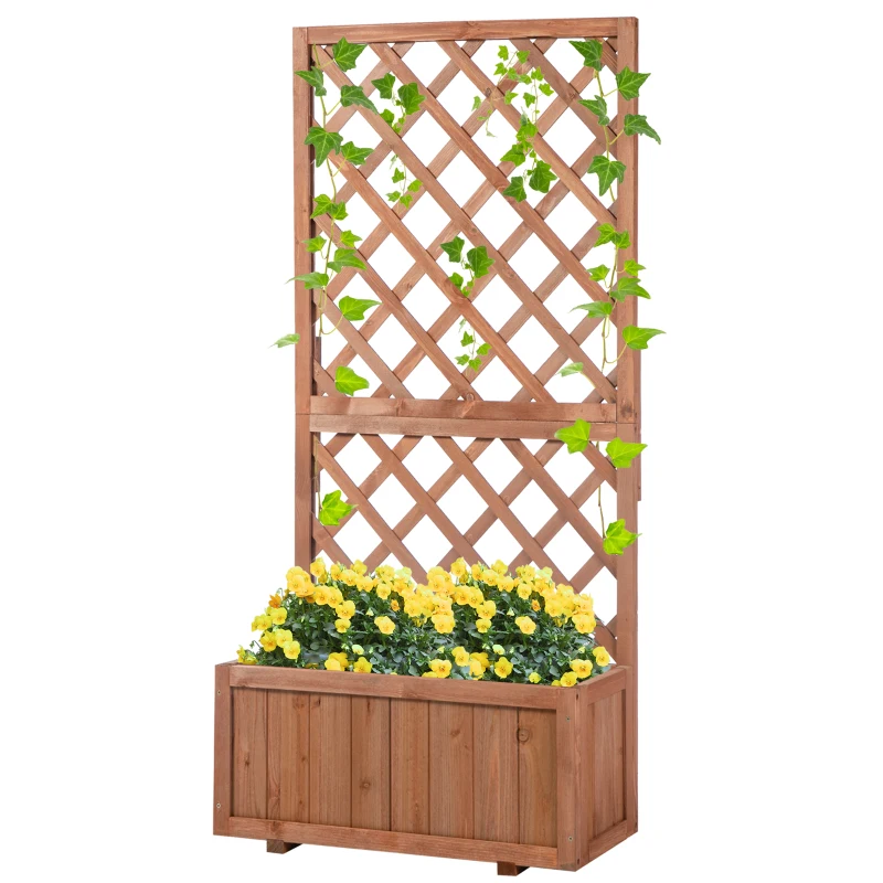 Outsunny Floreira com Treliça de Madeira Maciça Caixa de Plantio com Suporte para Plantas Trepadeiras para Cultivo de Plantas Flores 72,5x31,5x149,5 cm Natural