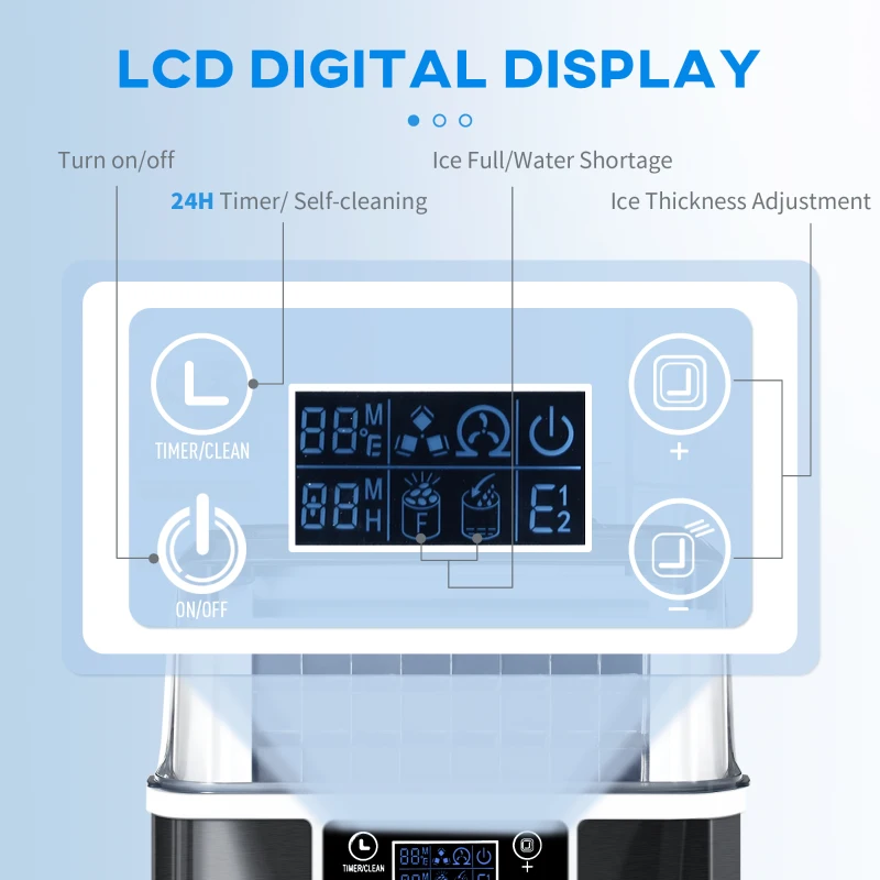 HOMCOM Mașină de Gheață cu 24 de Cuburi de Dimensiune Reglabilă, Rezervor și Sistem de Autocurățare, 25.2x36x37.1 cm, Negru