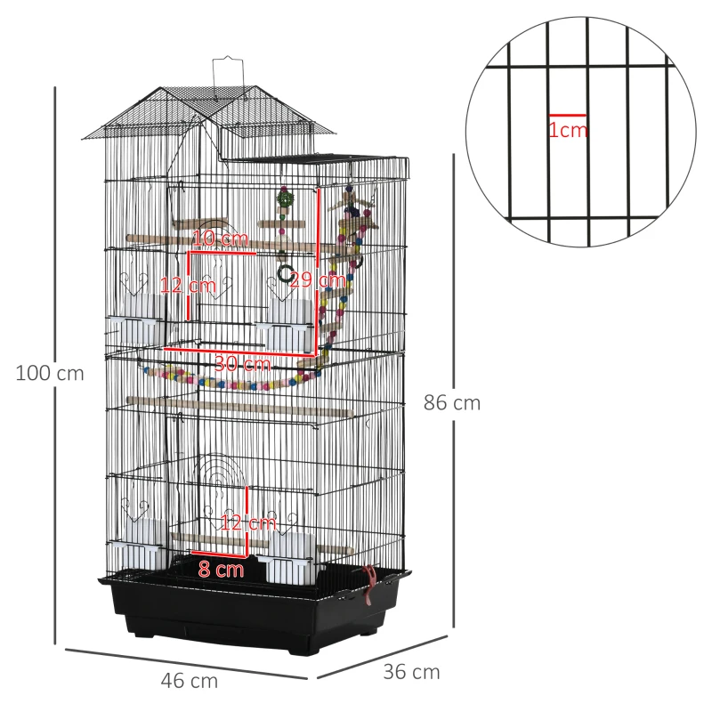 PawHut Gaiola para Passáros Gaiola de Metal com Múltiplas Portas 4 Comedouros 3 Poleiros Baloiço Escadas e Bandeja Removível para Periquitos Canários 46x36x100cm Preto