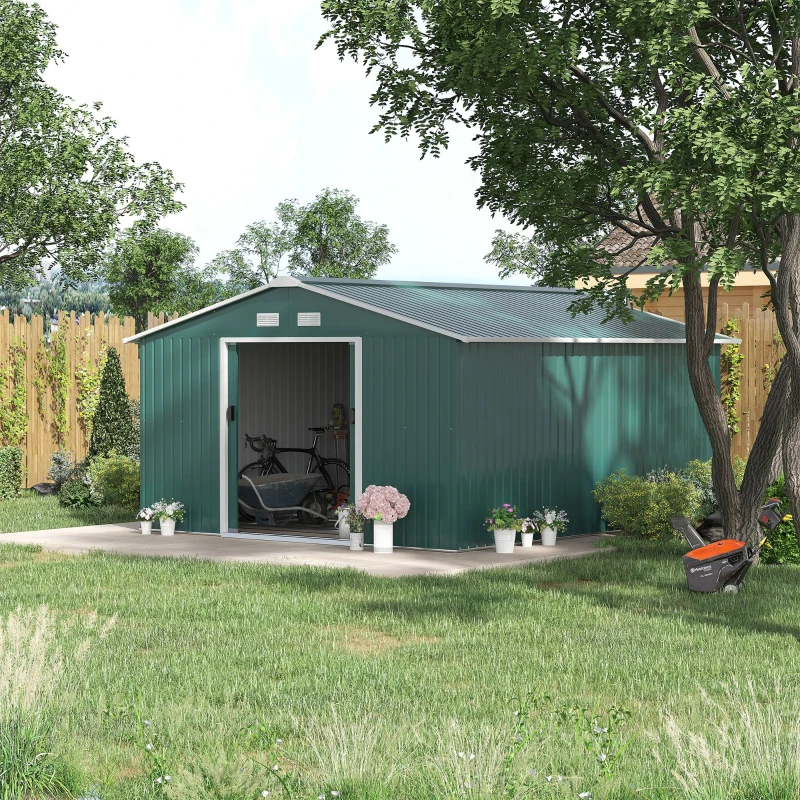Outsunny Garden Shed Storage 12ft x 11ft Large Steel Metal Storage Shed Sliding doors Green