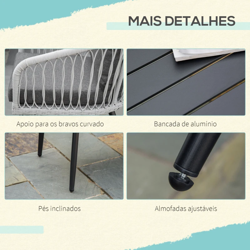 Outsunny Conjunto de Móveis de Vime Conjunto de Móveis de Jardim 4 Peças Mesa de Centro de Alumínio Sofá 3 Lugares e 2 Poltronas com Almofadas para Terraço Exterior Cinza