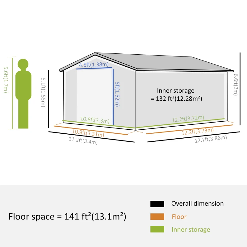 Outsunny Garden Shed Storage 12ft x 11ft Large Steel Metal Storage Shed Sliding doors Green