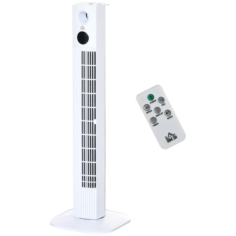 HOMCOM Ventoinha de Coluna 45W Silencioso com Controle Remoto 3 Velocidades 3 Modos Oscilação 70° Tela LED Tátil Temporizador 12h e Caixa de Aromas 31,5x31,5x96cm Branco
