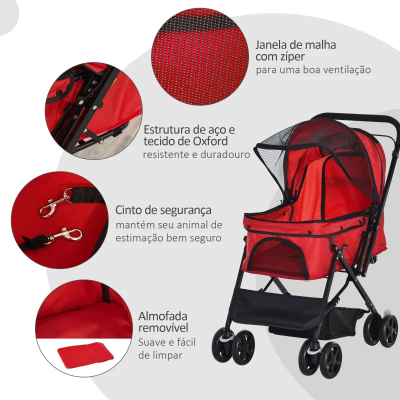 PawHut Carrinho para Animais de Estimação Dobrável Carro para Cães e Gatos com Capô Ajustável Cesta de Armazenamento Cinto de Segurança Tecido Oxford 600D Aço 76,5x52x95cm Vermelho