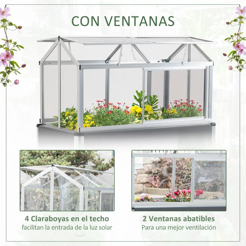 Outsunny Horta Elevada 113,5x61x128,5cm Estufa com Cobertura de Policarbonato com Teto Retrátil e Laterais Deslizantes Estrutura de Alumínio e PVC para Plantas Flores Cinza