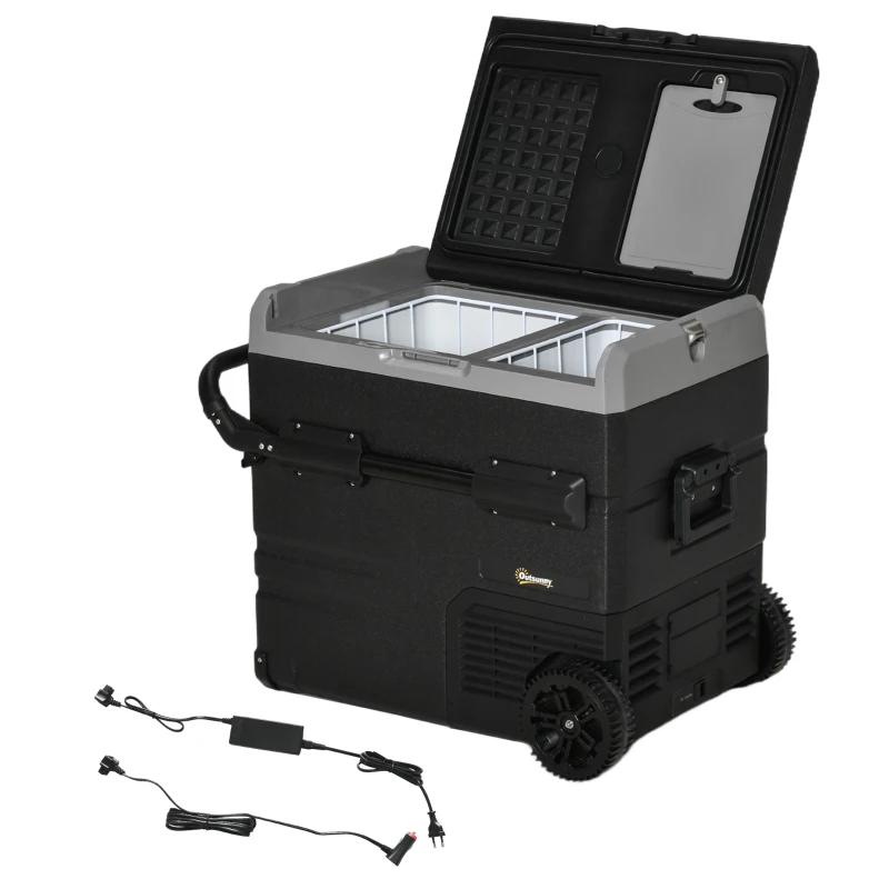 Outsunny Geleira Elétrica de Compressor Portátil 45L Geleira de Carro CC 12V/24V Temperatura até -20℃ com Tela Tátil Alça Retrátil e Rodas 71,1x46x50,6cm Preto